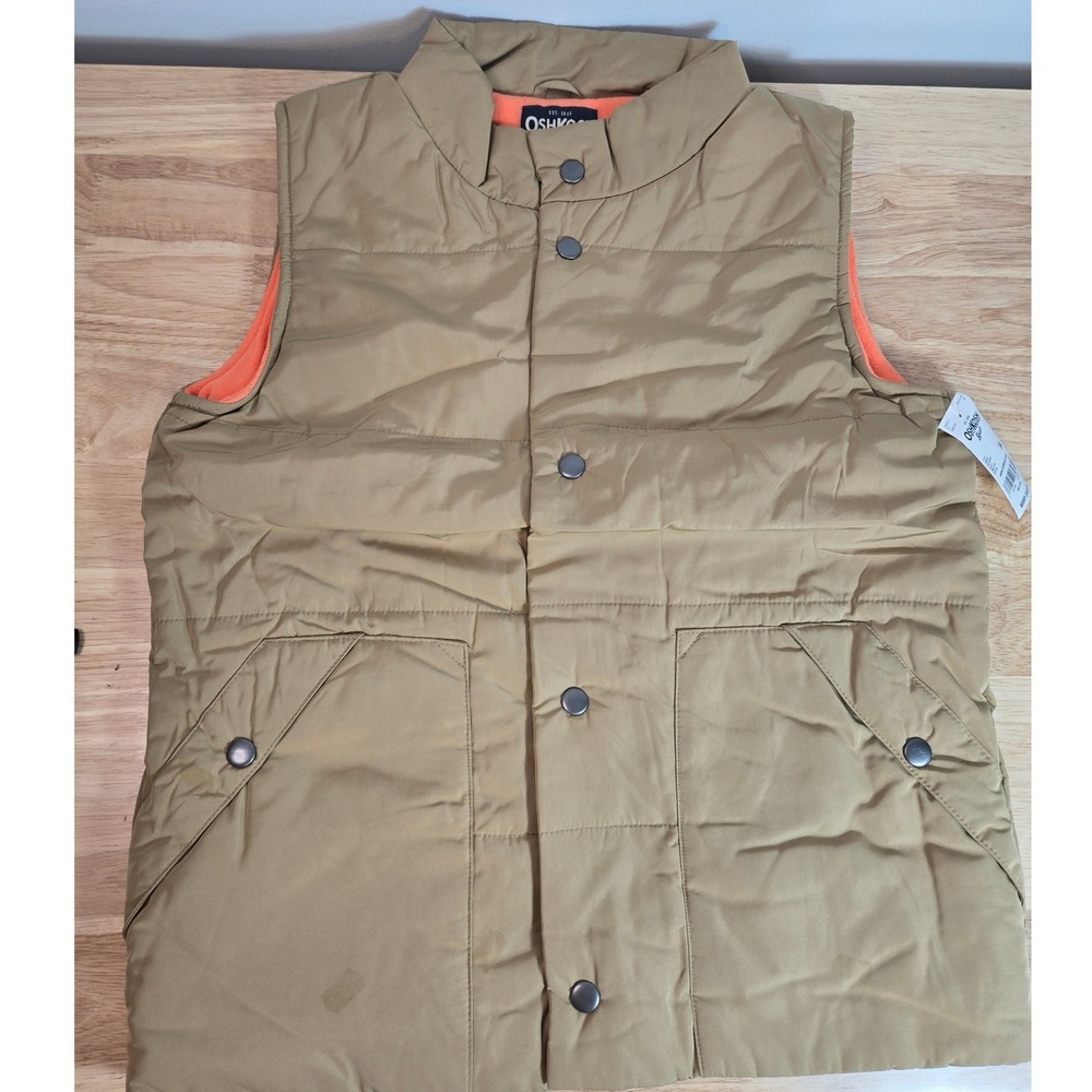 OshKosh Bgosh Boys Tan Khaki Puffer Vest Orange Fleece Lined Size 14 NWT